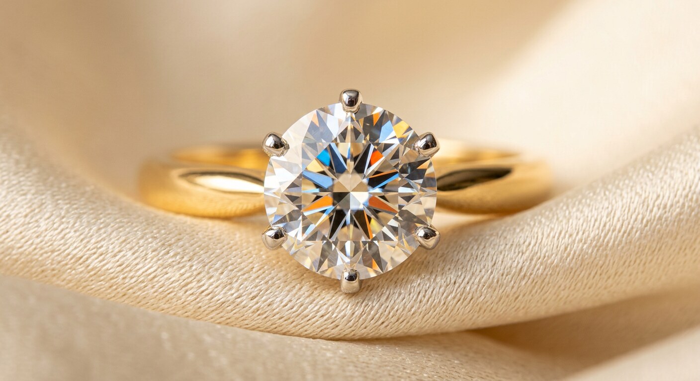 Woman wearing a 1CaratDiamond solitaire ring, outdoors in golden light