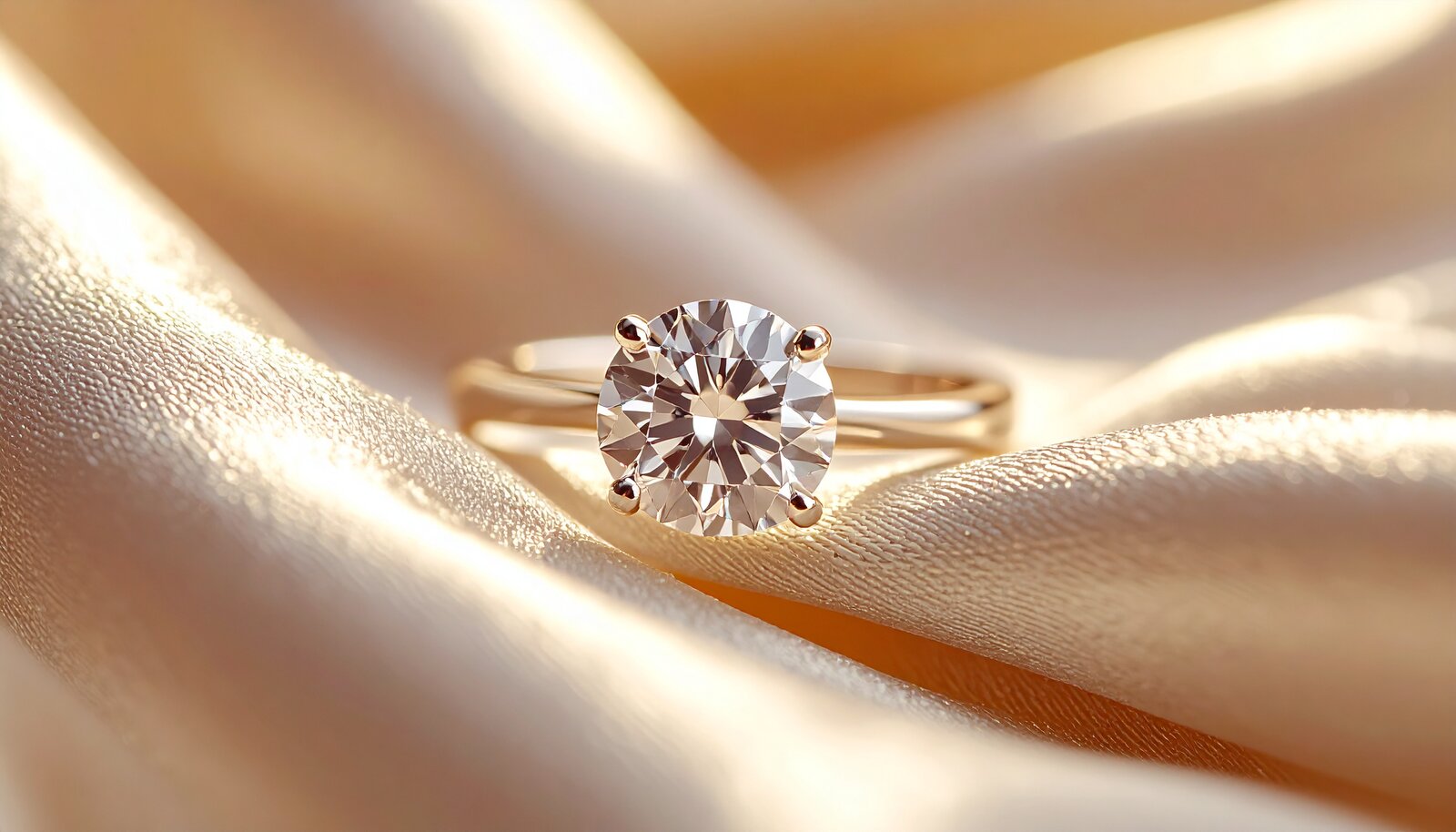 1CaratDiamond solitaire engagement ring on champagne silk